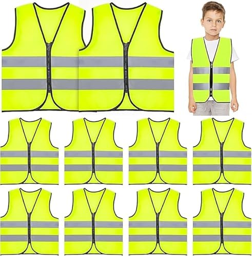 SWHCM Warnweste Kinder, 10er Kinder Sicherheitsweste, Reflektierende Weste mit Reißverschluss für Kinder, Neonweste für Baustellen und Verkehr, Ideal für Radfahren und Laufen