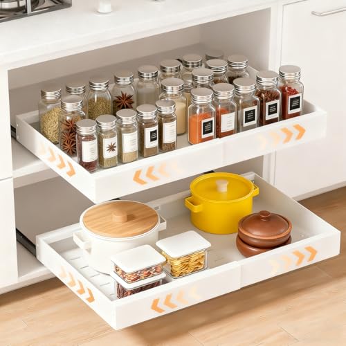 BOPEUY Tiroir Telescopique Cuisine, Lot de 2 Organisateurs De Placard Extensibles avec Adhésif, Tiroirs Coulissants Rangement Cuisine, Largeur Réglable de 32 à 53 cm,...