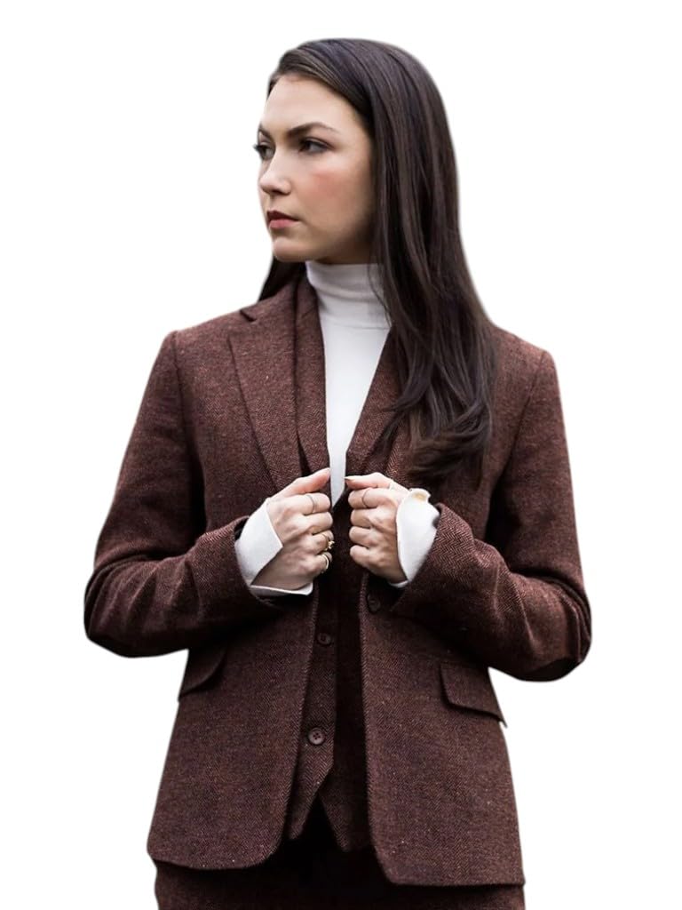 Infinity Leather Women's Brown 2 Piece Set Herringbone Wool Tweed Check Blazer Waistcoat In | : Size 10