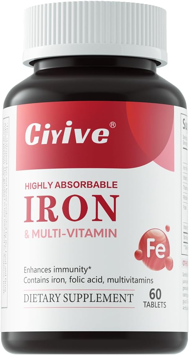 Gentle Iron (Ferrous Bisglycinate Chelate) with Vitamin C, B12 & Folate — 25 mg Iron — 60 Tablets, 2-Month Supply
