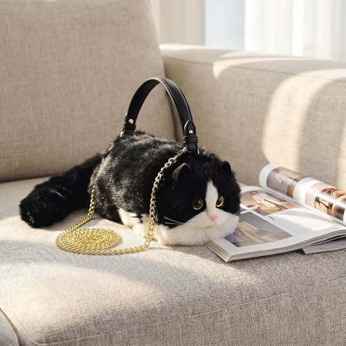 Image of Realistic Puffy Plush Cat Shaped Crossbody Handbag for Women