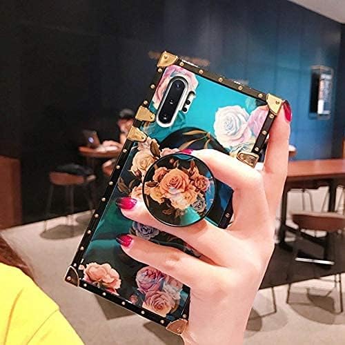 Galaxy Note 10 Plus 5G Square Case with Stand Holder Rose Floral Flower Luxury Elegant Soft TPU Shockproof Protective Metal Decoration Corner Back Phone Case Women Girls Lady for Galaxy Note 10+ 5G
