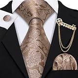 WODMB Men Tie Brown Floral Fashion Striped Jacquard Silk Tie Necktie Handkerchief Cufflinks Brooch S