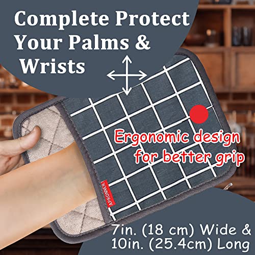 Pot Holders For Kitchen Heat Resistant Cotton Linen With Silicone Non-Slip Texture Thick Terry Lining Set Of 2 Grey Grid #TOP2