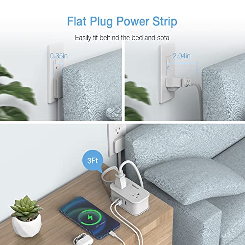 Travel Power Strip, Tessan 3 Ft Wrapped Flat Plug Extension Cord With 4 Wall Outlets 3 Usb(1 Usb C), Small Portable Charging Station, Compact For Home Office Hotel, Cruise Essentials Must Have #TOP4