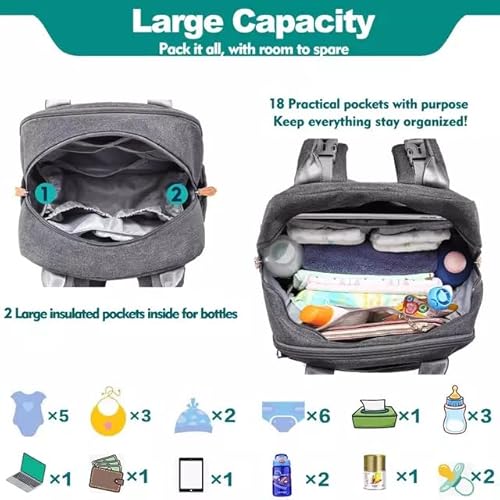 Kiduz Diaper Bag Backpack, Multifunction Waterproof Travel Back Pack With Changing Pad & Stroller Straps & Pacifier Case, Unisex And Stylish (Dark Gray) #TOP4