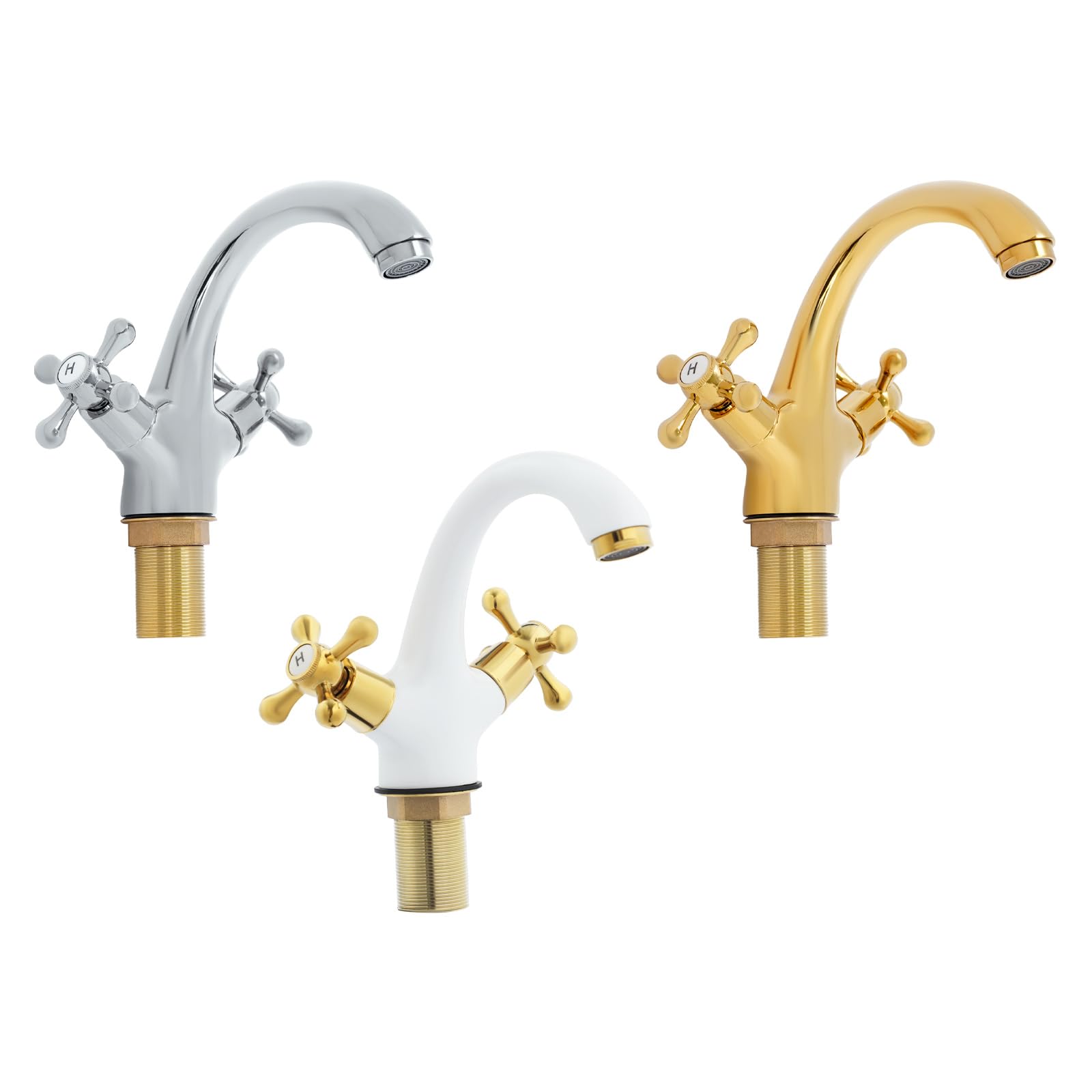 Grifo de baño antiguo, de dos manijas, grifo de lavabo retro, grifo mezclador para baño de cobre, grifos de lavabo con agua caliente y fría ajustable (blanco+dorado)