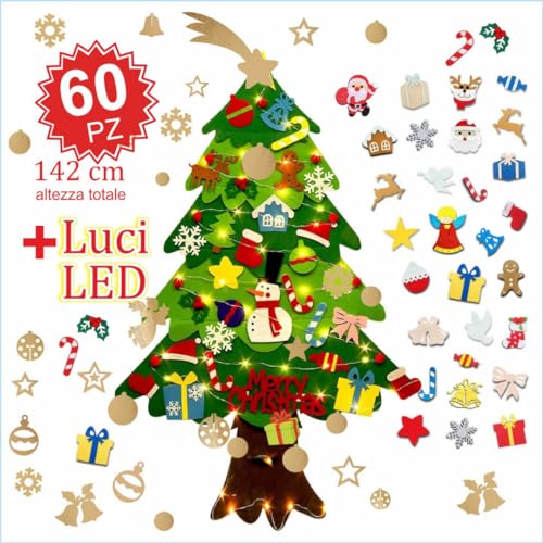 Meridiana - Albero Natale Feltro 142 Cm + 60 Pezzi staccabili e Luci LED, Albero Di Natale Montessori, Albero Natale Educativo, Albero Di Natale Bambini, albero feltro bambini Regali Di Natale