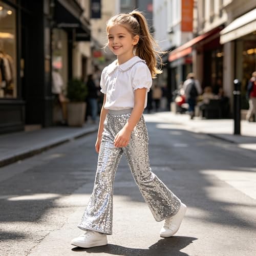 Image of LOLANTA Girls Sequin Flare Pants Sparkle Bell Bottoms Kids Elastic Waist Glitter Disco Dance Trousers(Silver,9-10Y)