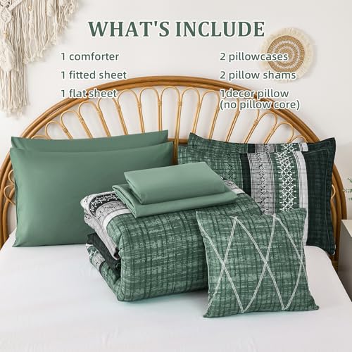 Image of Dintszyayue Green Comforter Set Queen Size, 8 Pieces Boho Striped Bed in a Bag Soft Microfiber Bedding Set for All Season
