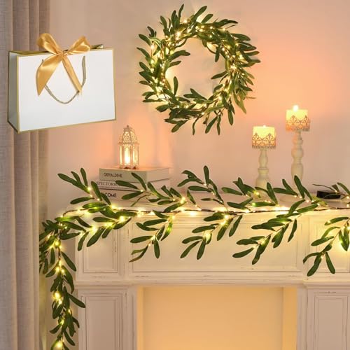 Twinkling Tree Olive Vine Garland, Twinkling Tree Fairy Light Olive Vine, 6ft Faux Vines Luces Artificial Greenery Garland para Navidad Fireplace Mantle, Decoración de pared de mesa (A)