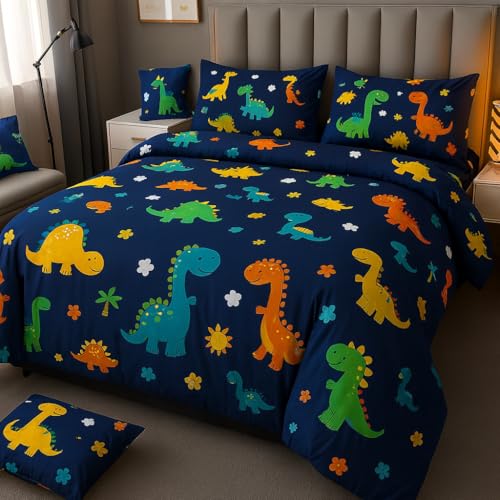 Image of 200 GSM 400 TC Kids Glace Cotton Reversible Cartoon Printed Double Bed King Size Comforter with Matching Bedsheet 90 * 100 with 2 Pillow Covers Set of 4 Pieces (Blue Dinosaur)