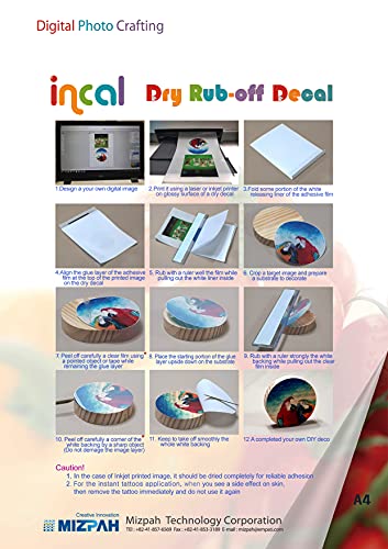 [Incal] Dry Rub-Off Decal Film For Inkjet Printer : 5 Sets, A4(8.27 Inch X11.7 Inch) - Premium Printable Dry Rub On Transfer; Diy Hobby Craft, Customized Transfer #TOP1