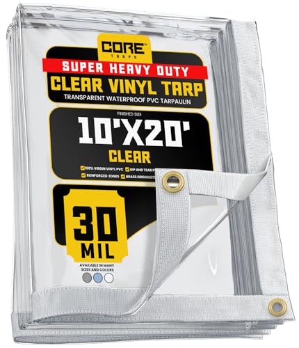 Core Tarps 30 Mil Extreme Heavy Duty Clear Tarp with Grommets - 10x20ft Super Clear Tarps Heavy Duty Waterproof Vinyl Tarpaulin, Transparent Tarp for Outdoor, Camping & Construction, Clear