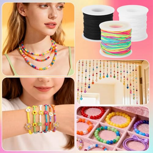Image of HASTHIP 3 Rolls 1mm Nylon Elastic Beading String Cord, 50M Each Black White & Colorful Stretch Thread for Jewelry Making, Bracelet Necklace Crafting & DIY Bead Projects