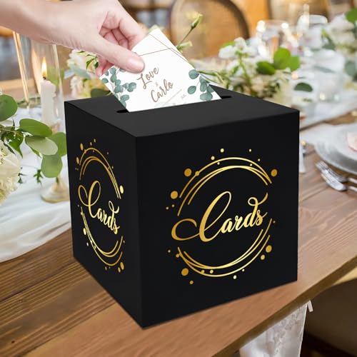 Image of 1 Pack Black and Gold Foil Card Box for Party, 8.7 inch Black Gift Card Box Money Box for Birthday, Wedding, Baby Shower, Retirement, Anniversary, Bridal Shower, Raffle Ticket