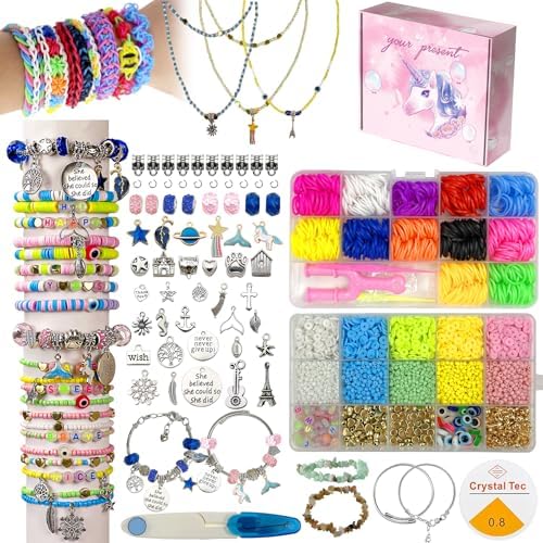 Home 6 Clay Beads Bracelet Making Kit for Beginner, Flat Polymer Beads and 3mm Glass Seed Beads with Letter Alphabet Beads, Pendant Charms Elastic Strings for Jewelry Making, Rubber Band Kit DIY Arts and Crafts Gifts for Kids Girls