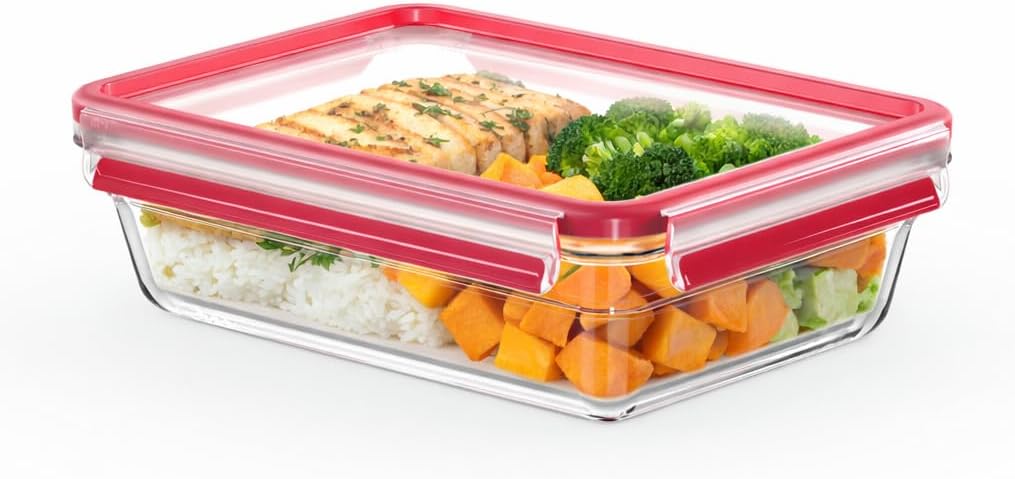 EMSA Clip & Close Glas Frischhaltedose, rechteckig, 2 L, 100 Prozent dicht, rutschfestes Stapeln, Glasbehälter spülmaschinen-, gefrier-, backofen-, mikrowellenfest, Rot, Transparent, N10411