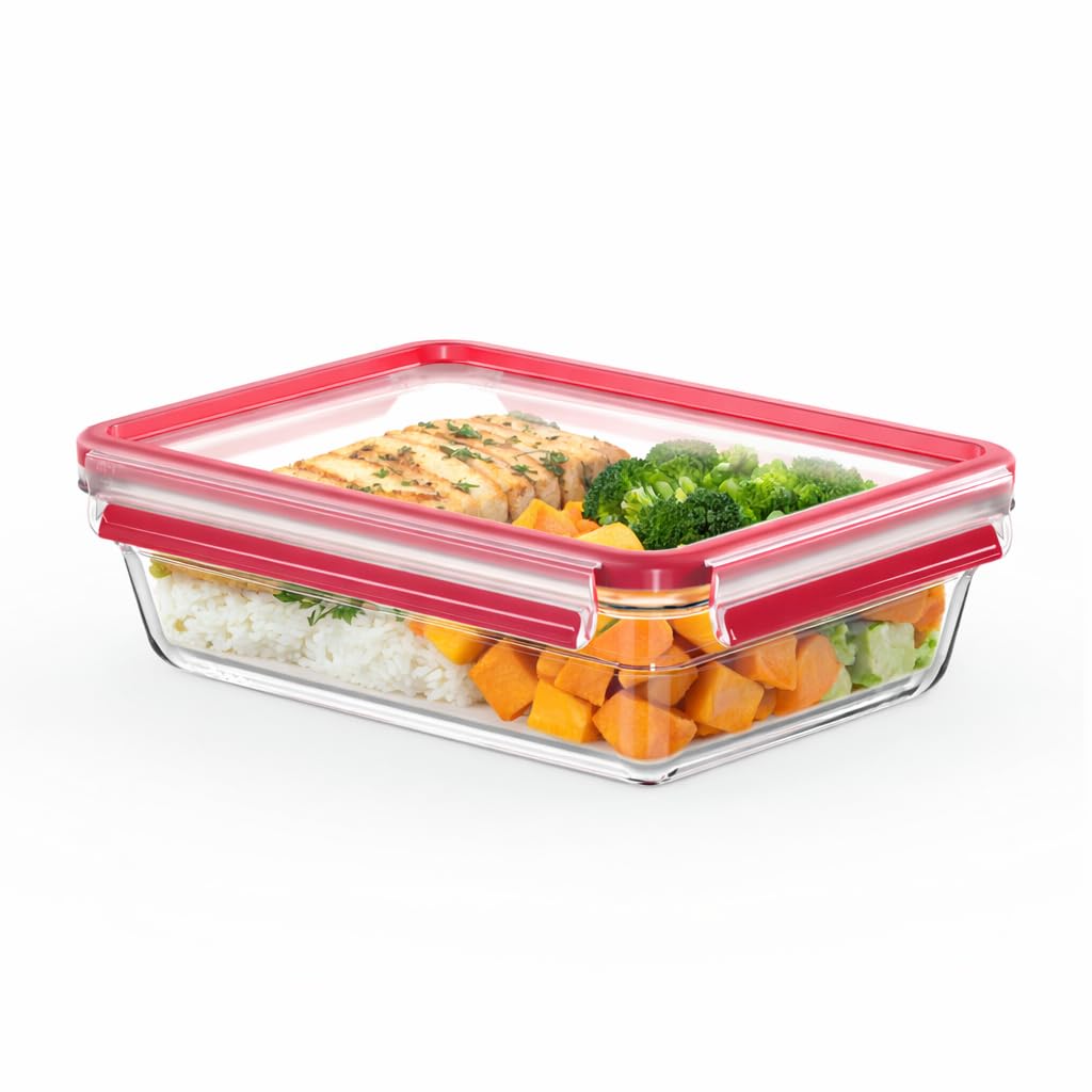 EMSA Clip & Close Glas Frischhaltedose, rechteckig, 2 L, 100 Prozent dicht, rutschfestes Stapeln, Glasbehälter spülmaschinen-, gefrier-, backofen-, mikrowellenfest, Rot, Transparent, N10411