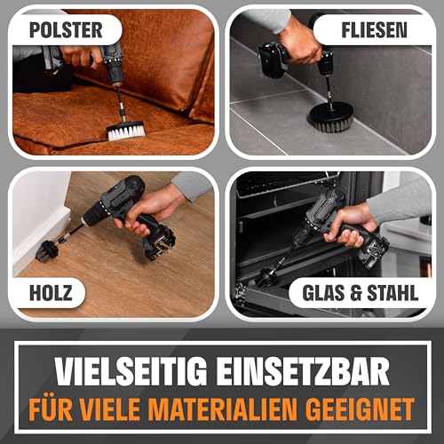HELDENKRAFT® Bürstenaufsatz Akkuschrauber [11 Teile] - Bürsten-Aufsätze für Jede gängige Bohrmaschine - Aufsatz-Set zur Reinigung von Fliesen, Felgen, Terrasse & Co.