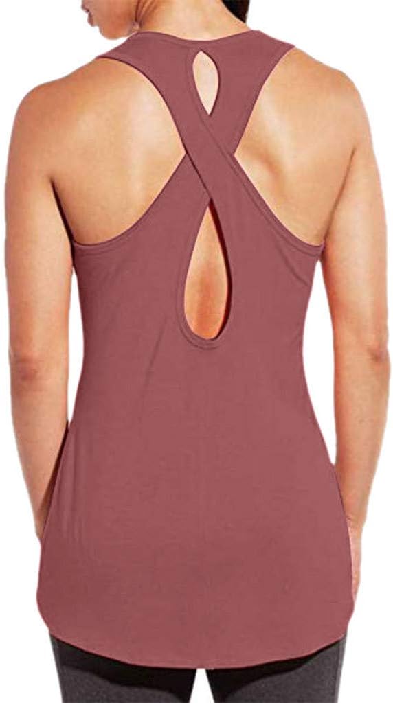FoowniWomen Sexy Workout Shirt Cross Sports Open Back Gym Yoga Tank Tops Crop Blouse