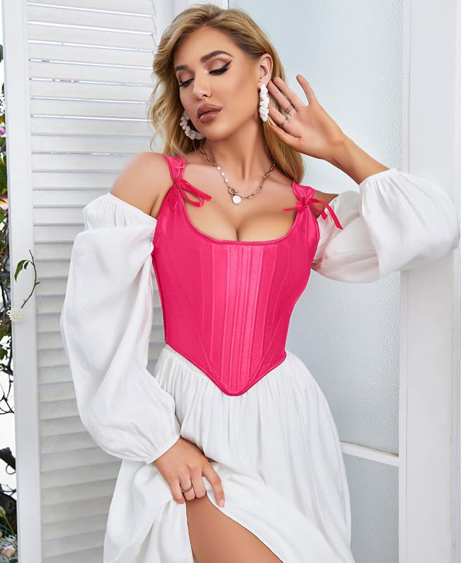 Image of Dreay Womens Vintage Asymmetrical Hem Overbust Corset Tie Front Lace-up Back Bustier Shapewear Top
