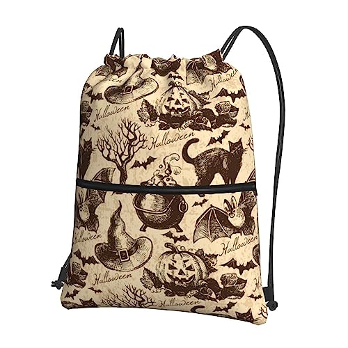Outdoor Drawstring Backpack Compatible with Halloween Decorations Black Cat Bat Pumpkin Skull Party Pattern Gym Bag, Water Resistant String Bag Sports Sackpack with Zipper Pocket