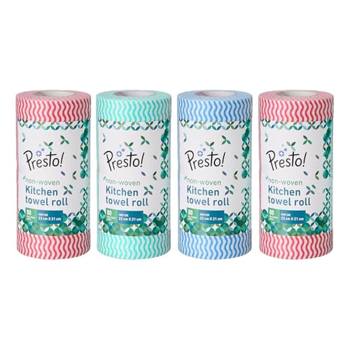 Amazon Brand - Presto! Non-Woven Kitchen Towel Roll | 80 Pulls (Pack of 4) | Size: 23 x 21 cm | Wavy Pattern (Red, Blue & Green) | Washable and Reusable | Highly Absorbent | For Daily Use