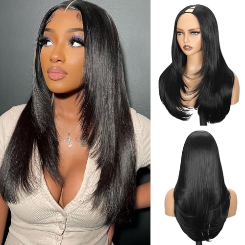 LEOSA Long Straight V Part Wigs for Women Black Long Layered Haircut V Shape Wig Straight Synthetic Half Wig Glueless Daily Use 24 Inch