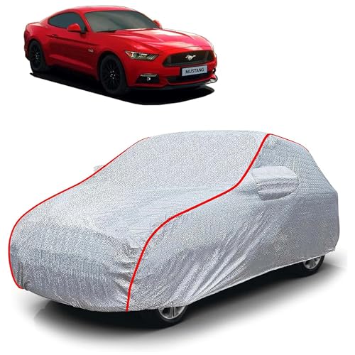 Image of Sulfar 100% Waterproof Car Body Cover Compatible with Mirror for Ford Mustang (Triple Stitched, Full Bottom Elastic, Magic Silver with Red Piping)