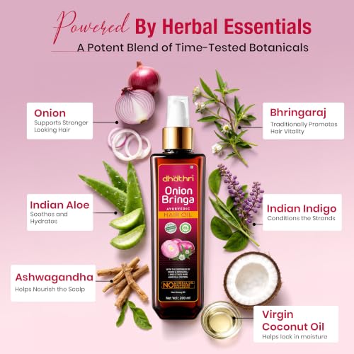 Image of Dhathri Onion Bringa Oil with Indian Aloe, Curry Leaf & Ashwagandha | Onion Hair Growth Oil for Thick & Healthy Hair | No Mineral Oils, SLS & Silicones | Ayurvedic Hair Oil | All Hair Types, 200ml