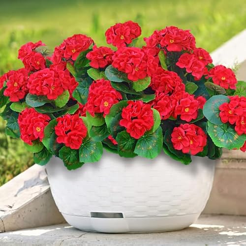 6 Pcs Artificial Flowers for Outdoors Indoor Decoration Artificial Plants Silk Geranium for Decor Outdoor Red Fake Flowers for Kitchen Table Indoor Outside Spring Decor (6, Red) image 1