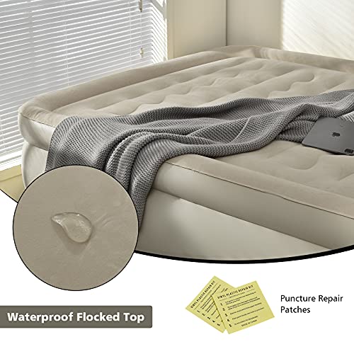 COSTWAY Tweepersoons luchtbed 203 x 152 x 56 cm met ingebouwde pomp, hoog verhoogd luchtbed met waterdichte gevlokte… - Image 4