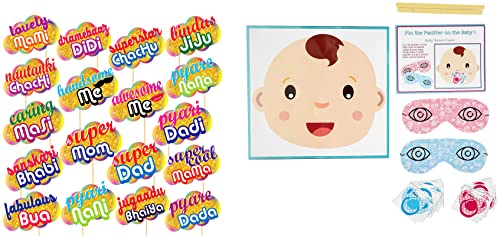 Image of Wobbox All Occasion Indian Family Photo Booth Party Props (18 Pieces) & WOBBOX Personalised Baby Shower Pin The Dummy Game