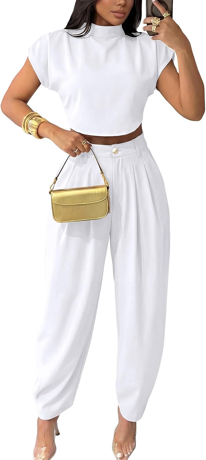 kaimimei 2 Piece Sets for Women Casual Mock Neck Cap Sleeve Crop Tops and Palazzo Pants Vacation Travel Outfits