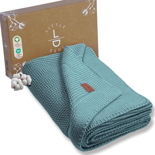 Image of Little Dedi 100% Organic Cotton Baby Knitted Blanket with Gift Box - Soft Toddler, Crib, Stroller Blanket - Neutral Swaddle and Receiving Blanket for Newborns, 30"x40", Smoke Blue