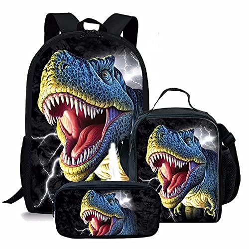 NETILGEN 3 en 1 niños niños Bolsas Escolares Set para niños Adolescentes + Bolsa de Almuerzo Aislante + Estuche para lápices para Viajes, Camping, Senderismo,Dinosaurio Lightning,Mochila de esquí Cover