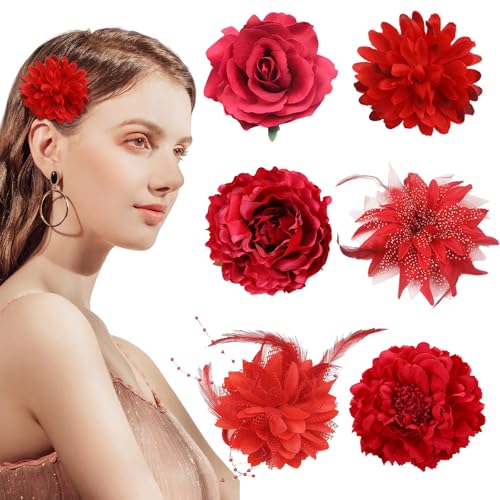 VEGCOO 6Pcs Clips de Pelo de Flor, Flor Flamenca Pelo para Mujer, Pinza Flor Pelo Horquillas de Peonía y Rosa Adorno Pelo Tocado para Boda Fiesta (rojo)