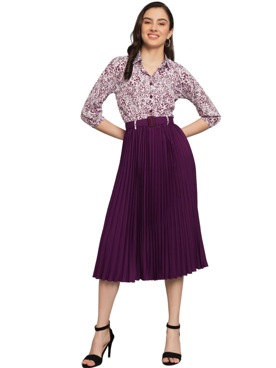 Kzully | Elegant A-Line Dress: Collared V-Neck Top, Pleated Skirt With Elastic Waist, Includes Belt Purple
