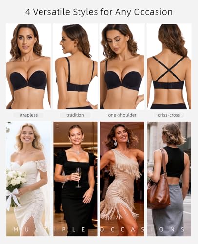 Image of Upushall Strapless Bra Push Up Non Slip Deep V Plunge Bras for Women | Underwire, Super Padded, Add 1 Cup