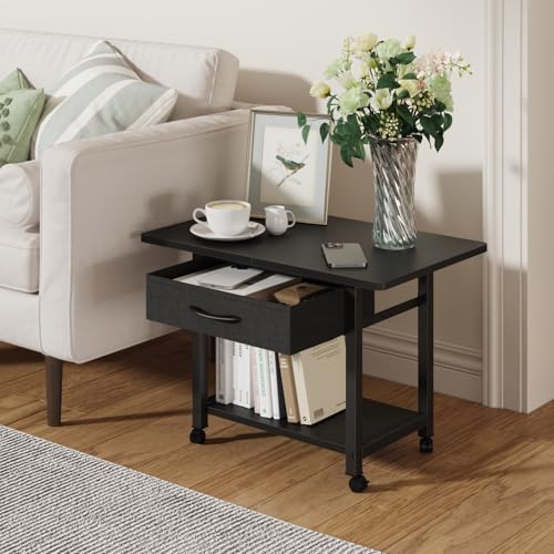 Image of YAOHUOO 22 inchx15 inch Large Printer Stand with Drawer, 2-Tier Rolling Table Cart | Under Desk Printer Table,Storage Fabric Drawer,Fit printer /fax /3d /scanner,4 Lock Wheels or Feet,For Home Office Dorms,Black