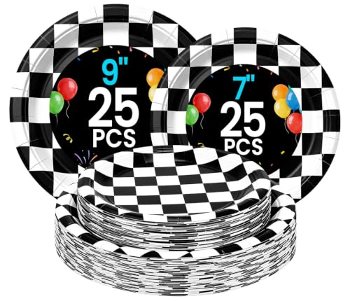 LANLISA 50 Checkered Flag Paper Plates Set Includes 25-9 & 25-7 Disposable Birthday Cake Dessert Black and White Race Car Plates for Party Supplies