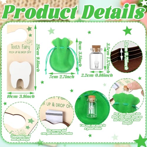 Image of DoubleFill Fairy Tooth Gift Holder Bag Door Hanger Lost Teeth Keepsake Box Tooth Fairy Kit Stores Back to School Gift for Lost Teeth Boy Girl Primary School Classroom Gifts(Classic,Green)