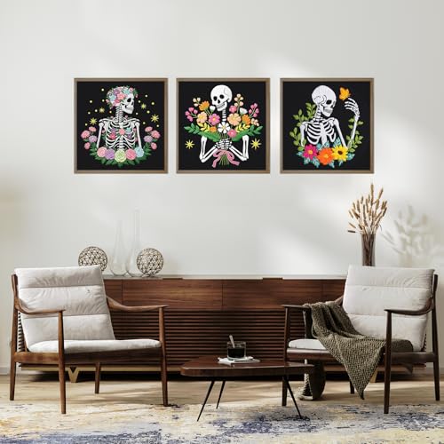 Image of Louise Maelys 3 Pcs Halloween Embroidery Kit for Beginners, Skeleton Floral Spooky Handmade Set with Hoop, Printed Fabric and Instruction, Needlework DIY Craft for Adults
