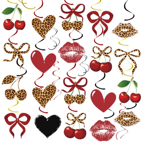 Image of 54PCS Cheetah Cherry Print Party Hanging Swirls Cheetah Cherry Birthday Decorations Leopard Print Party Foil Swirls Ceiling Decorations for Women Girl Bachelorette Parties Sulpplies Galentines Day
