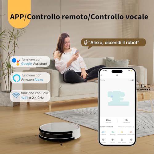 OKP K5B Robot Aspirapolvere e Mocio Ultra Sottile 7.7 cm, 2500Pa, Wi-Fi/App/Alexa, Adatto per Salviette Monouso, Ideale per Peli di Animali, Tappeti, Pavimenti Duri, Automatic Recharge - Immagine 4