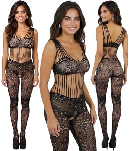 Image of ToBeInStyle Women's Assorted Bodystocking Sheer Opaque or Fishnet Crotchless Lingerie Bodysuit