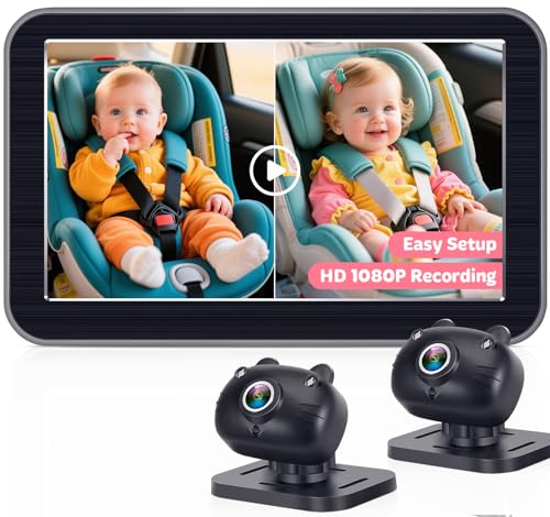 Image of HD-1080P 2-Kids Baby Car Camera: Auto Night Vision Dual Backseat Cameras with 7” Split-Screen Recording Monitor - 360° Rotation, Easy Installion Without Tools for Twins & Siblings
