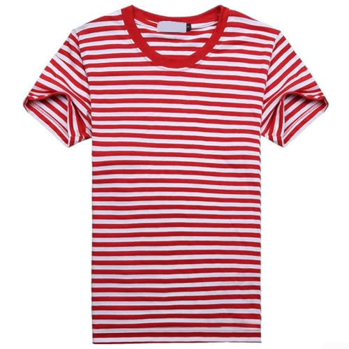 Camiseta de manga corta para hombre, color azul marino, blanco, a rayas, casual, cuello redondo, de algodón, para verano (S, rojo)
