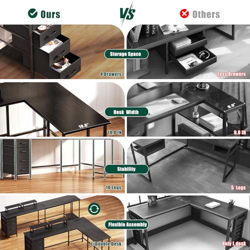 66" L Shaped Computer Desk, 94.4'' Home Office Desk with Power Outlets, 4 Adjustable Storage Drawers & 2 Monitor Stands, Large Two Person Gaming Table for Writing Study, Black